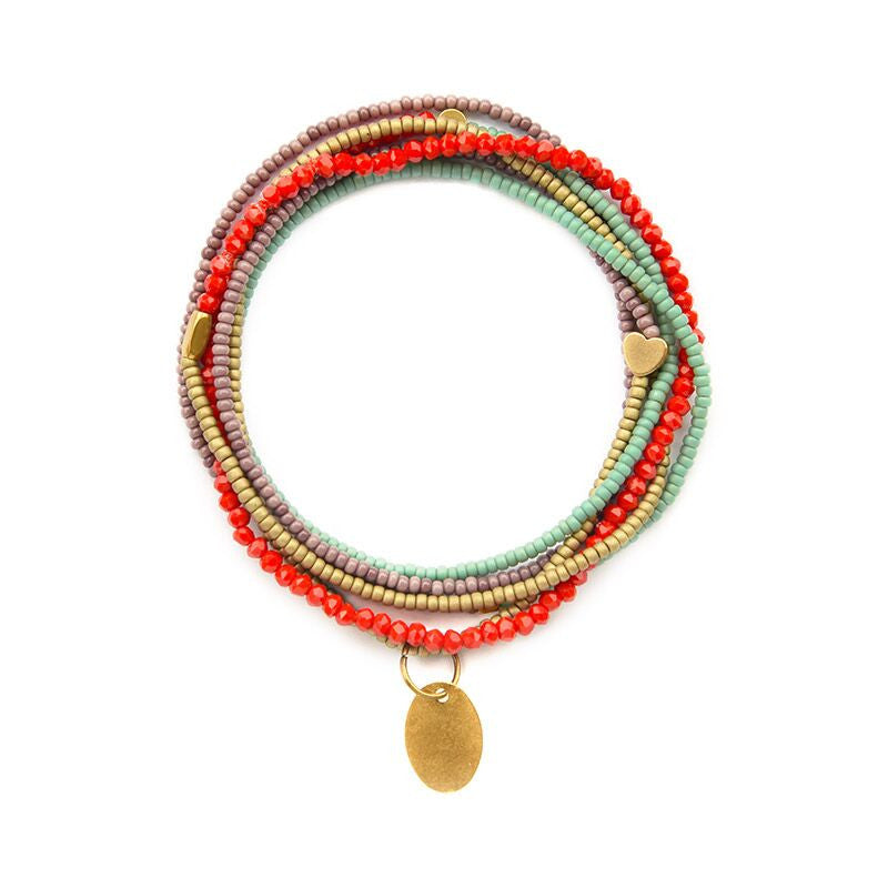 Aqua, red & mauve heartstring necklace